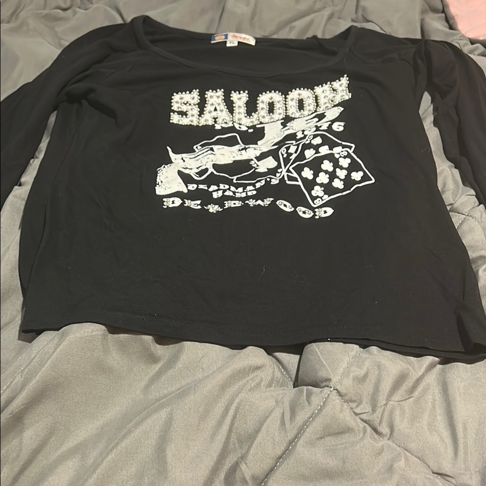 Black Long Sleeve Saloon Graphic Top